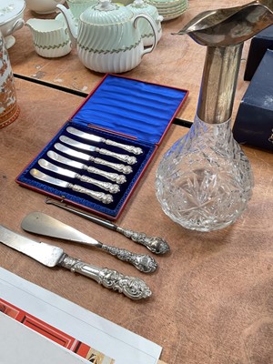 Lot 5078 - Silver mounted claret jug, together with silver handled shoehorn, button hook and knife, and a cased set of silver handled butter knives