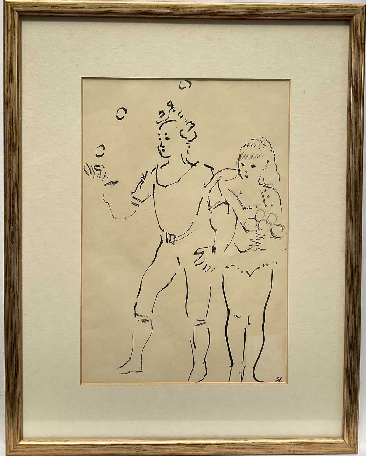 Lot 17 - Sonia Lawson (1934-2023) ink on paper, Juggler, signed with initials, 25cm x 17cm, glazed gilt frame