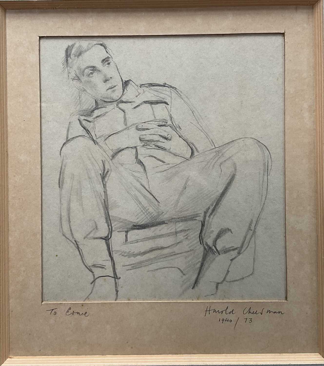Lot 23 - Harold Cheesman (1914-1982) pencil drawing, portrait of a seated Soldier, inscribed 'To Ernie' (Ernest Jonathan Trowell), signed and dated 1940/ [and] 73, 17cm x 16cm, glazed frame