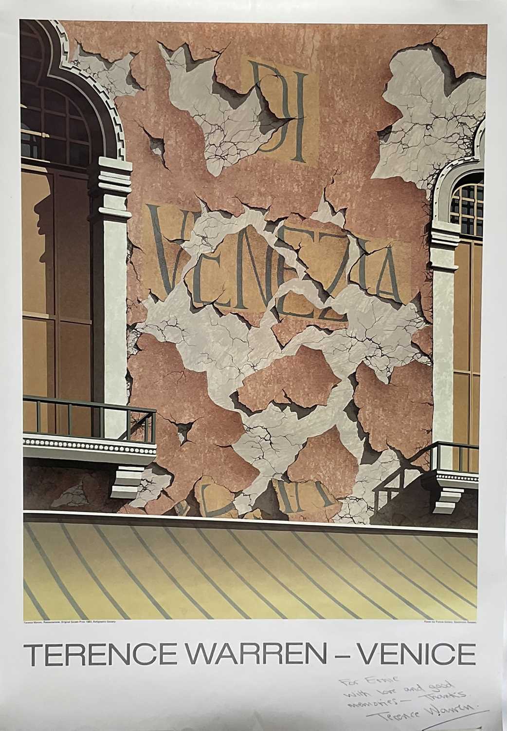 Lot 22 - Terence Warren (b. 1948) two posters titled 'Terence Warren -Venice' by Futura Gallery Stockholm, both dedicated 'To Ernie' (Ernest Jonathan Trowell...