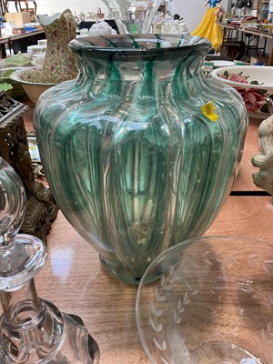 Lot 5050 - Victorian brass easel mirror with mask and scrolling foliage, a group of ceramics and glass, including a large fluted baluster vase, probably Murano, a Bristol blue decanter, etc