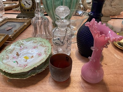 Lot 5050 - Victorian brass easel mirror with mask and scrolling foliage, a group of ceramics and glass, including a large fluted baluster vase, probably Murano, a Bristol blue decanter, etc