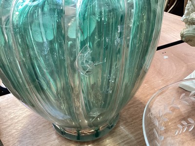 Lot 5050 - Victorian brass easel mirror with mask and scrolling foliage, a group of ceramics and glass, including a large fluted baluster vase, probably Murano, a Bristol blue decanter, etc