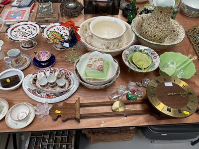 Lot 5091 - Group of ceramics and glass including two Crown Derby fluted tea bowls and saucers, together with a wall clock and faux tortoiseshell snuff box