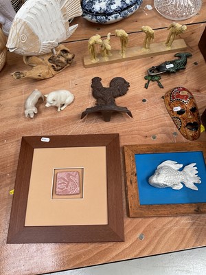 Lot 5099 - Sundry items, including Royal Dux and Belleek pigs formerly part of the collection of William Tallon, together with sculptures by Stephen Lansley, fragment of an Indian tile, novelty fish padloc...