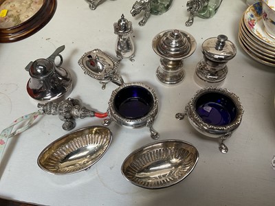 Lot 5103 - Pair of silver salt with hoof feet and blue glass liners, together with a silver baby's rattle and several pieces of silver plate