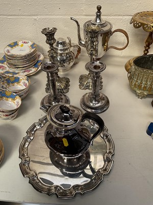 Lot 5105 - Group of silver plate, including a pair of Elkington candlesticks