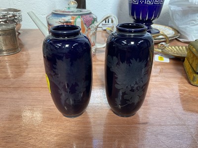 Lot 5157 - Pair of late 19th century Japanese Fukagawa Seiji porcelain vases with silver chrysanthemums on cobalt blue glazed ground, marks/signature to the base ...