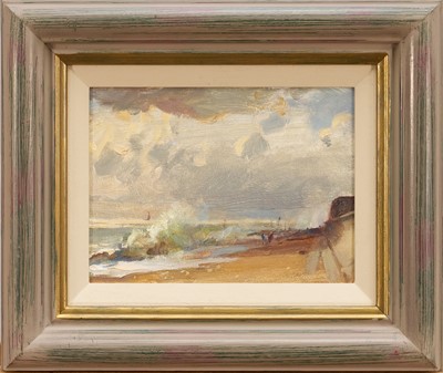 Lot *Trevor Chamberlain (b. 1933) oil on board, Wild Weather Aldeburgh Beach, 14cm x 19cm, framed
