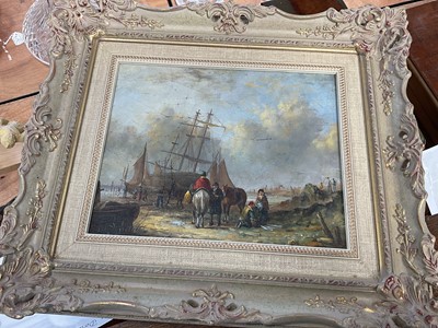 Lot 5149 - Oil on panel, figures by the shore, gilt frame, 24cm x 19cm