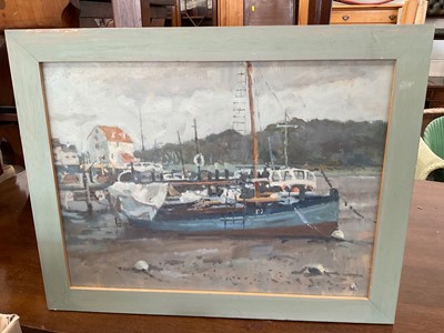 Lot 5150 - Oil on panel of a boat in harbour, together with a photo of a bicycle shop and a print (3)