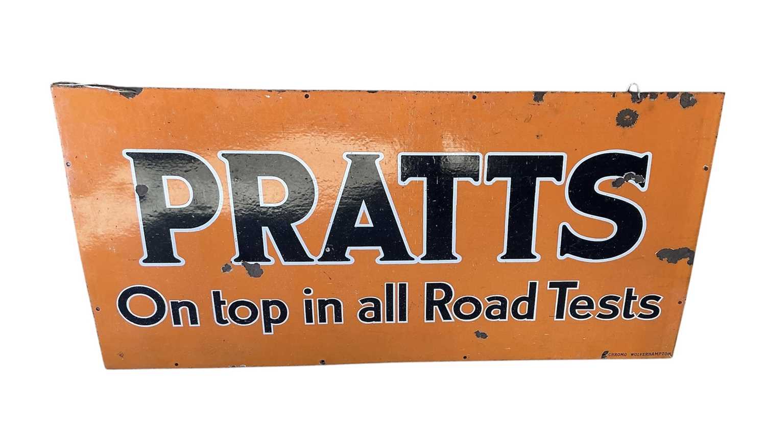 Lot 2 - Original 1930s Pratts 'On top in all Road Tests' enamel advertising sign, by Chromo, Wolverhampton, 62 x 122cm