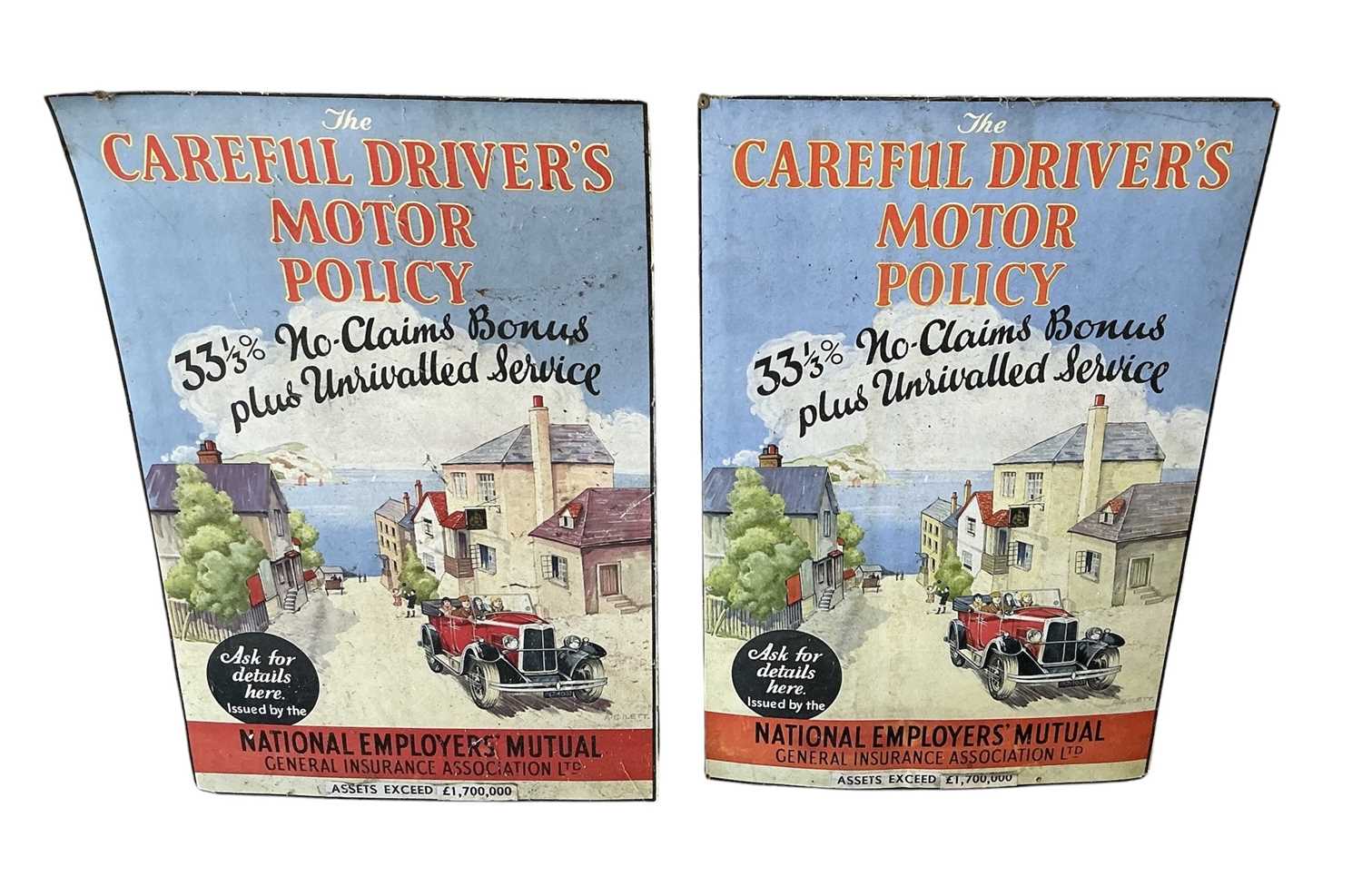 Lot 3 - Two scarce original 1930s The Careful Driver's Motor Policy cardboard advertising signs, each 73cm x 48cm