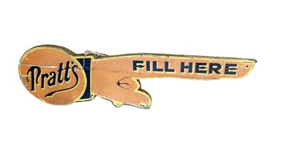 Lot 8 - Pratt's 'Fill Here' painted wood pointing finger advertising sign, 99 x 29cm, probably a modern copy