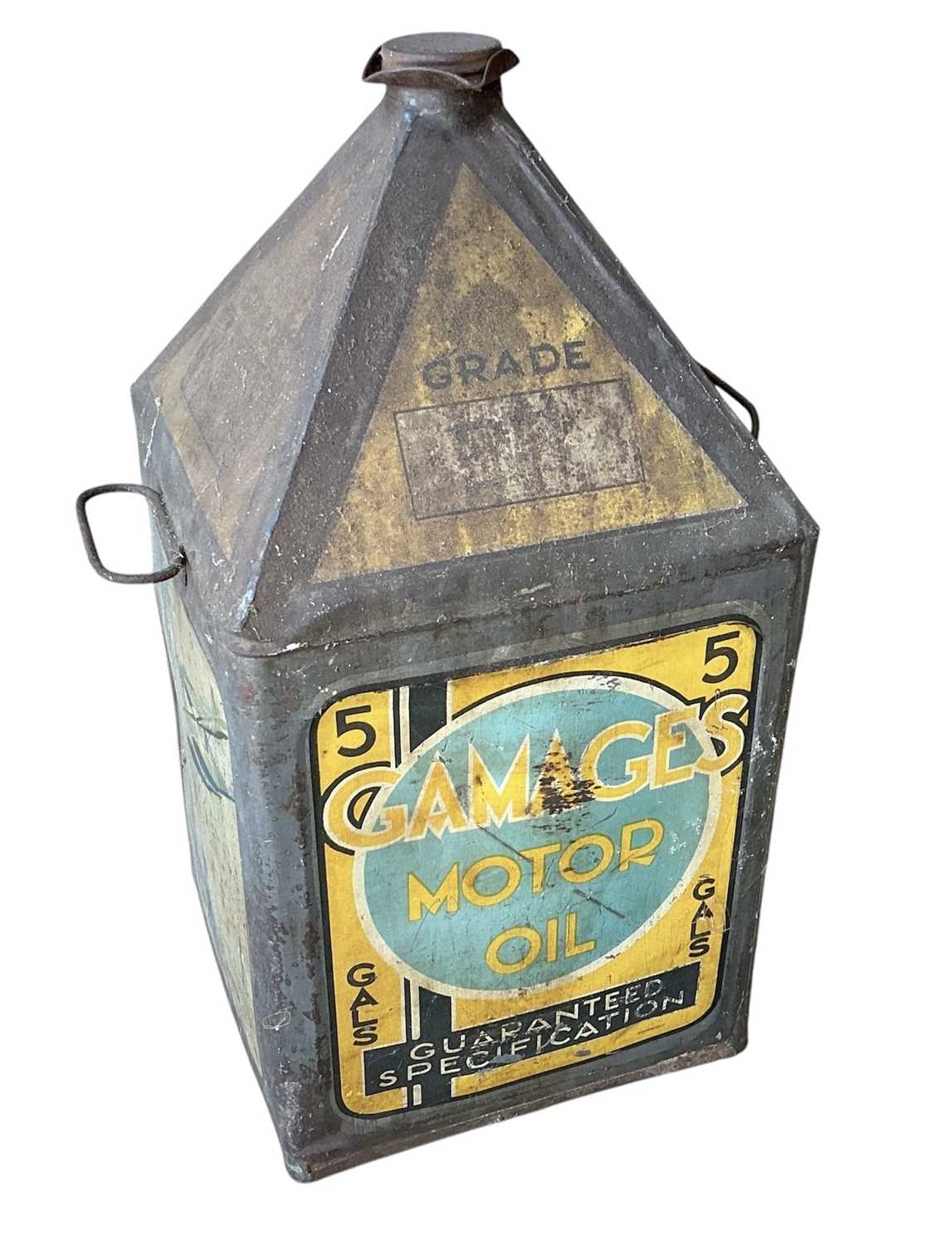 Lot 9 - Original 1930s Gamages motor oil can, with decorated panels depicting aircraft, boats and cars, 51cm in overall height