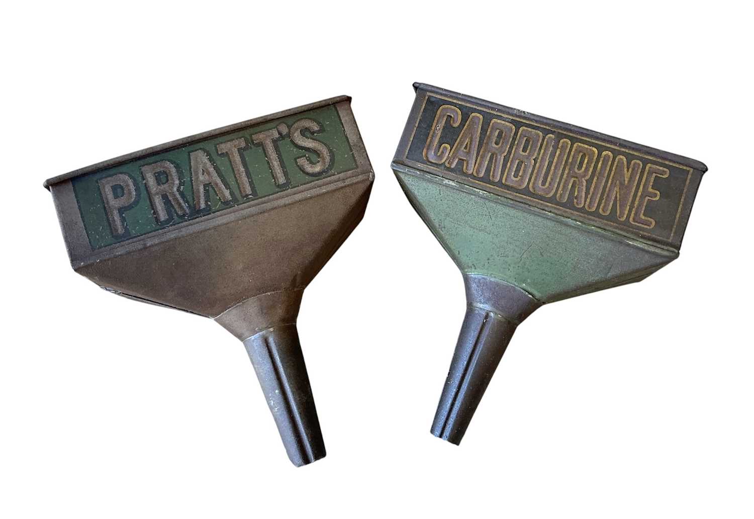 Lot 10 - Original Pratts oil funnel with painted naming together with a similar Carburine funnel (2)