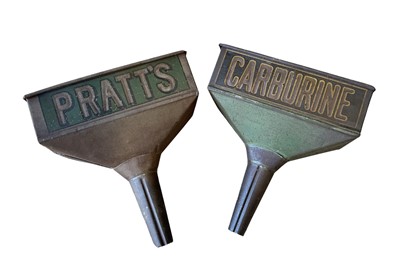 Lot 10 - Original Pratts oil funnel with painted naming together with a similar Carburine funnel (2)