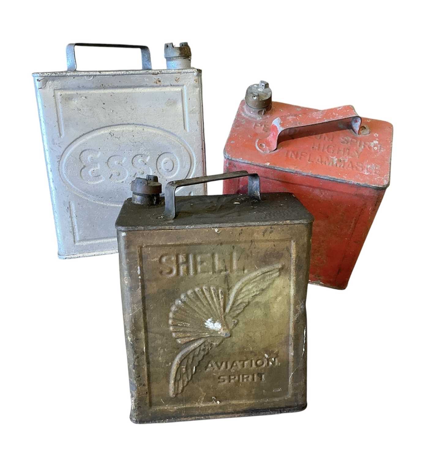 Lot 13 - Original Shell Aviation Spirit fuel can, together with an Esso fuel can, with later added tap to base, and an unbranded fuel can (3)