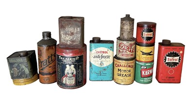 Lot 22 - Collection of thirteen assorted vintage oils and lubricants in bottles and tins to include Pratts Motor Oil, Castrol and Challenge Motor Grease (13)