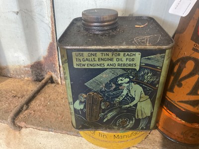 Lot 22 - Collection of thirteen assorted vintage oils and lubricants in bottles and tins to include Pratts Motor Oil, Castrol and Challenge Motor Grease (13)