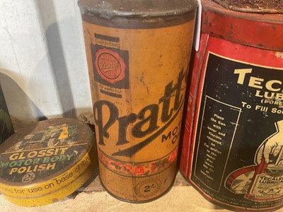 Lot 22 - Collection of thirteen assorted vintage oils and lubricants in bottles and tins to include Pratts Motor Oil, Castrol and Challenge Motor Grease (13)