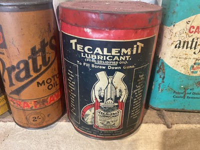 Lot 22 - Collection of thirteen assorted vintage oils and lubricants in bottles and tins to include Pratts Motor Oil, Castrol and Challenge Motor Grease (13)