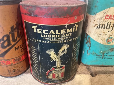 Lot 22 - Collection of thirteen assorted vintage oils and lubricants in bottles and tins to include Pratts Motor Oil, Castrol and Challenge Motor Grease (13)