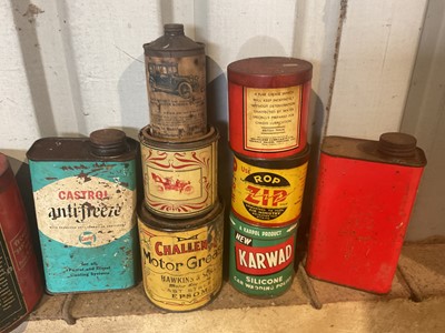 Lot 22 - Collection of thirteen assorted vintage oils and lubricants in bottles and tins to include Pratts Motor Oil, Castrol and Challenge Motor Grease (13)