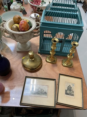 Lot 5170 - Sundry items, including a resin urn with fake fruit, bird cage, pair of brass candlesticks, etc