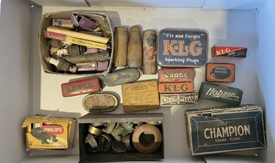 Lot 31 - Collection of vintage spark plugs to include Champion and KLG, in original packaging together with a group of fuel can caps