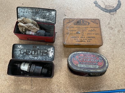 Lot 31 - Collection of vintage spark plugs to include Champion and KLG, in original packaging together with a group of fuel can caps