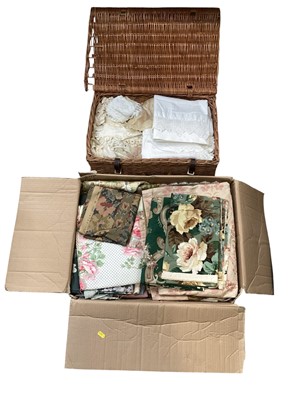 Lot 5188 - Collection of vintage textiles to include a wicker hamper containing vintage lace, vintage Sanderson fabrics Etc