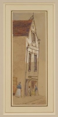 Lot 1051 - Thomas Matthew Rooke RWS (1842-1942) pencil and watercolour – Lombard St, Maunders Fish Shop, 29.8cm x 10.8cm, glazed frame