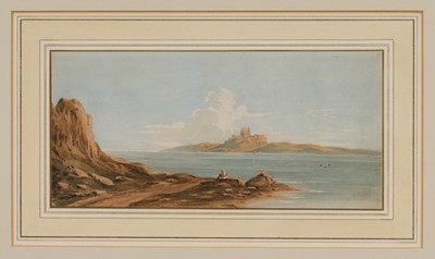Lot 1070 - John Varley OWS (1778-1842) pencil and watercolour – View towards Bamborough Castle (Bamburgh Castle) from Holy Island, 12cm x 25.5cm, glazed frame