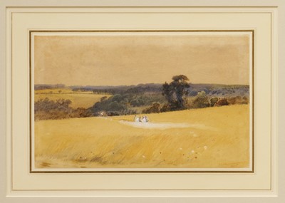 Lot 1066 - Thomas Francis Wainwright (1815–1887) watercolour – Harvesters crossing a Cornfield, signed and dated 1864, 14.5cm x 23cm, glazed frame