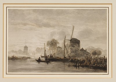 Lot 1052 - Jacobus Theodorus Abels (1803-1866) reed pen, brown ink and watercolour – Dutch River Landscape with boats and windmills by moonlight, signed, 15.3cm x 23.6cm