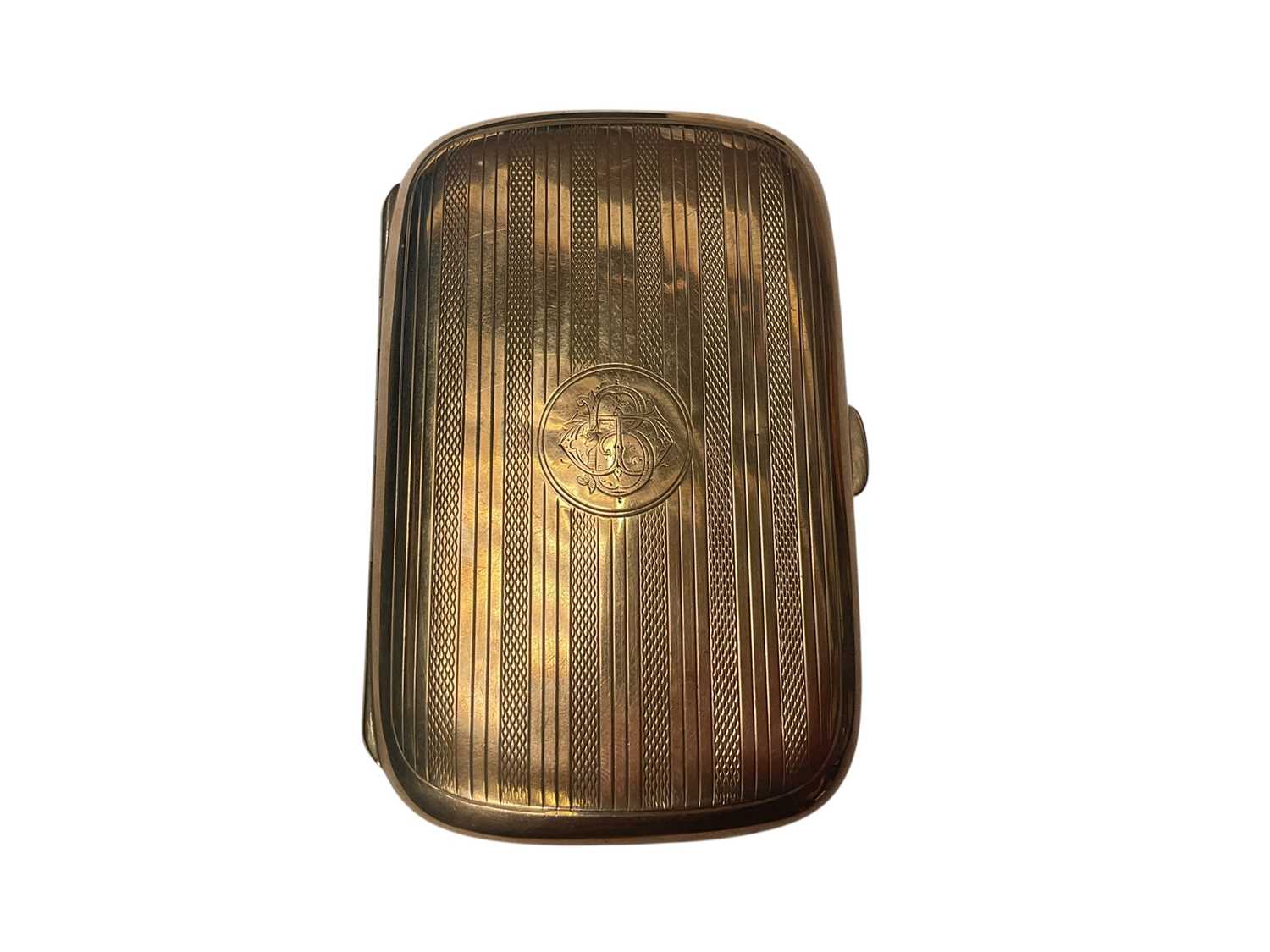 Lot 30 - 9ct gold cigarette case with engine turned decoration and engraved monogram (Chester 1915), 8.5cm x 5.5cm