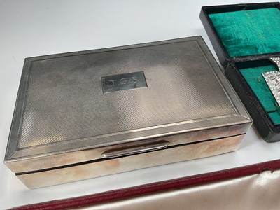 Lot 40 - Silver cigarette case containing some jewellery, silver two pronged fork, Scottish silver and hard stone brooch, gold plated pencil and other bijouterie
