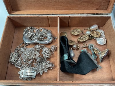 Lot 40 - Silver cigarette case containing some jewellery, silver two pronged fork, Scottish silver and hard stone brooch, gold plated pencil and other bijouterie