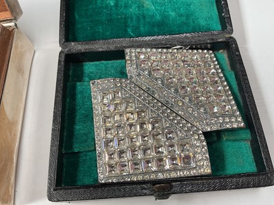 Lot 40 - Silver cigarette case containing some jewellery, silver two pronged fork, Scottish silver and hard stone brooch, gold plated pencil and other bijouterie