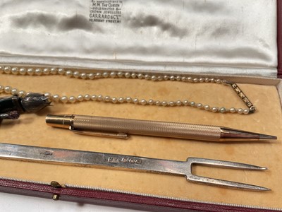 Lot 40 - Silver cigarette case containing some jewellery, silver two pronged fork, Scottish silver and hard stone brooch, gold plated pencil and other bijouterie