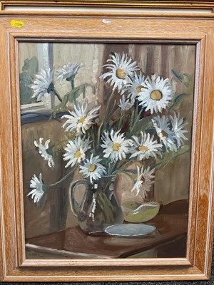 Lot 5243 - Oil on canvas, daisies in a jug, signed 'B. Rait', framed, 45cm x 34.5cm, together with a watercolour still life and a pastel (3)