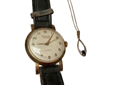 Lot 52 - 1960s 9ct gold cased Rona Seventeen wristwatch on leather strap and 9ct gold gem set pendant on 9ct gold chain