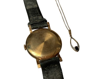 Lot 52 - 1960s 9ct gold cased Rona Seventeen wristwatch on leather strap and 9ct gold gem set pendant on 9ct gold chain