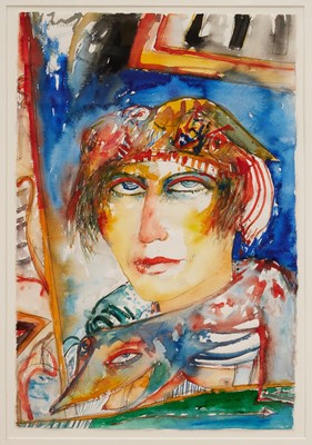 Lot *John Bellany (1942-2013) watercolour - Woman with fox stole, together with a signed and inscribed John Bellany book, personal photographs and a Bellany tie