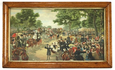Lot 5258 - After Frank Walton (1840-1928), COACHING CLUB IN HYDE PARK, a Victorian chromolithograph, c.1880, the Meet of the Four in Hand Coaching Club with Prince of Wales and other important personages,...