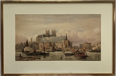 Lot 1279 - English School, early 20th century, watercolour - View on the Thames with Royal Barge, apparently unsigned, 40cm x 72cm, in glazed gilt frame