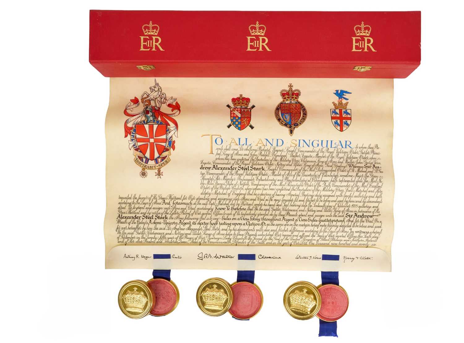 Lot 6 - Sir Andrew Stark, KCMG, CVO, fine painted on velum grant of Arms dated 1976 and with attached seals in original fitted scarlet box with gilt printed crowned ER cyphers. Provenance