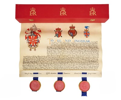 Lot 6 - Sir Andrew Stark, KCMG, CVO, fine painted on velum grant of Arms dated 1976 and with attached seals in original fitted scarlet box with gilt printed crowned ER cyphers. Provenance