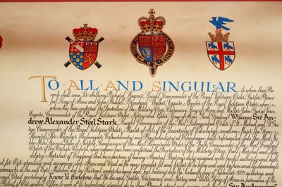 Lot 6 - Sir Andrew Stark, KCMG, CVO, fine painted on velum grant of Arms dated 1976 and with attached seals in original fitted scarlet box with gilt printed crowned ER cyphers. Provenance